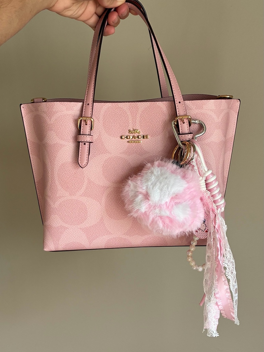 Pink Paw Pom-Pom Keychain with Beaded Tassel Bag Charm